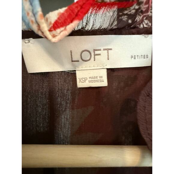 LOFT patchwork Ruffle Tie Neck long sleeve flowy Blouse XSP petite - Picture 6 of 13